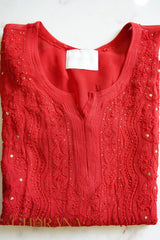 Ishq Georgette 4PC Chikankari Kurta Set with Resham Jaal and Mukaish work – Red