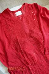 Ishq Georgette 4PC Chikankari Kurta Set with Resham Jaal and Mukaish work – Red