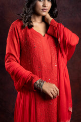 Ishq Georgette 4PC Chikankari Kurta Set with Resham Jaal and Mukaish work – Red