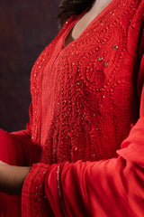 Ishq Georgette 4PC Chikankari Kurta Set with Resham Jaal and Mukaish work – Red