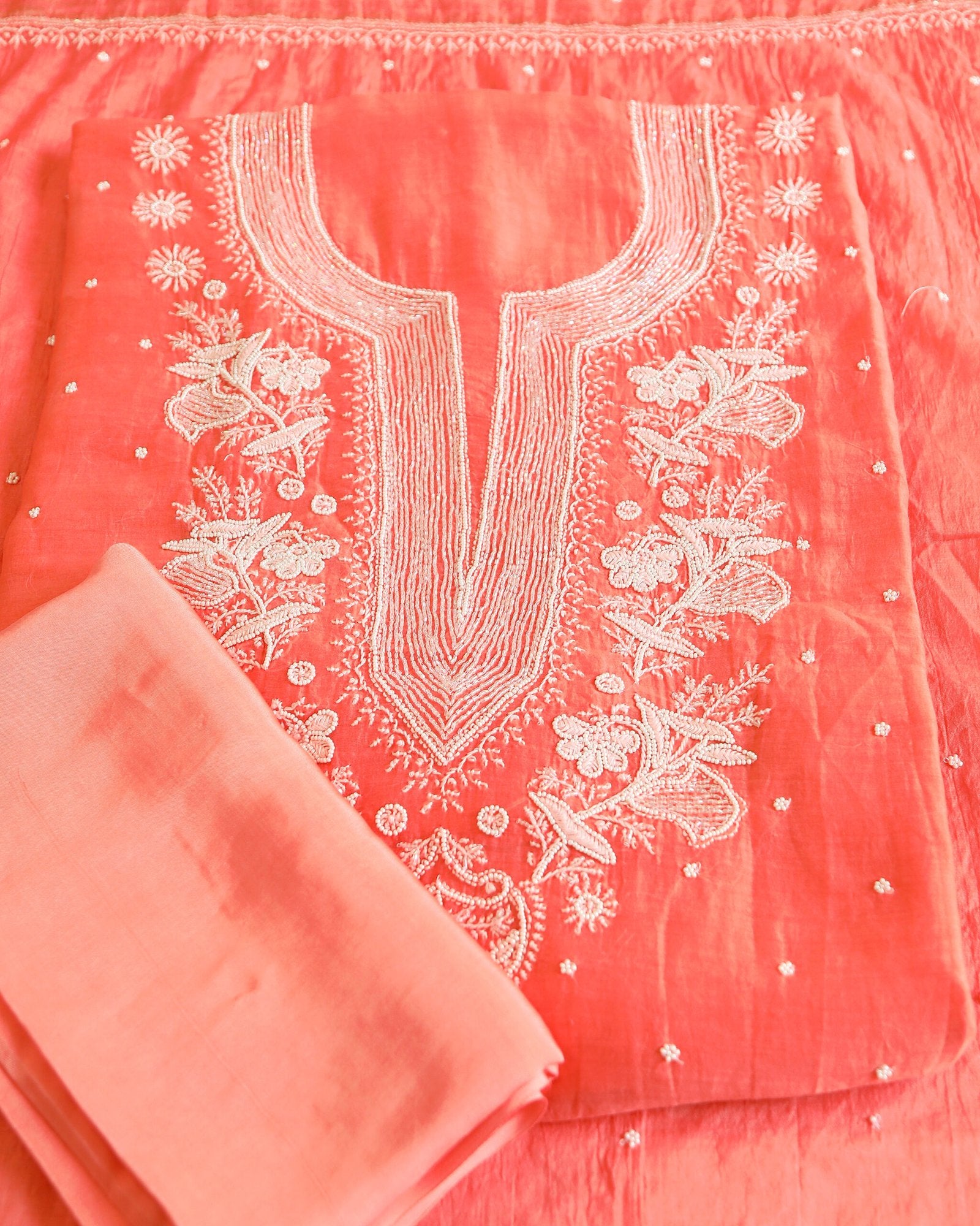 Premium Mulchanderi 3 PC Unstitched Kurta with Dupatta and Bottom Set in Pearl,Katdana Jaal work- Dark Peach