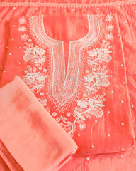 Premium Mulchanderi 3 PC Unstitched Kurta with Dupatta and Bottom Set in Pearl,Katdana Jaal work- Dark Peach