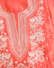 Premium Mulchanderi 3 PC Unstitched Kurta with Dupatta and Bottom Set in Pearl,Katdana Jaal work- Dark Peach