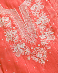 Premium Mulchanderi 3 PC Unstitched Kurta with Dupatta and Bottom Set in Pearl,Katdana Jaal work- Dark Peach