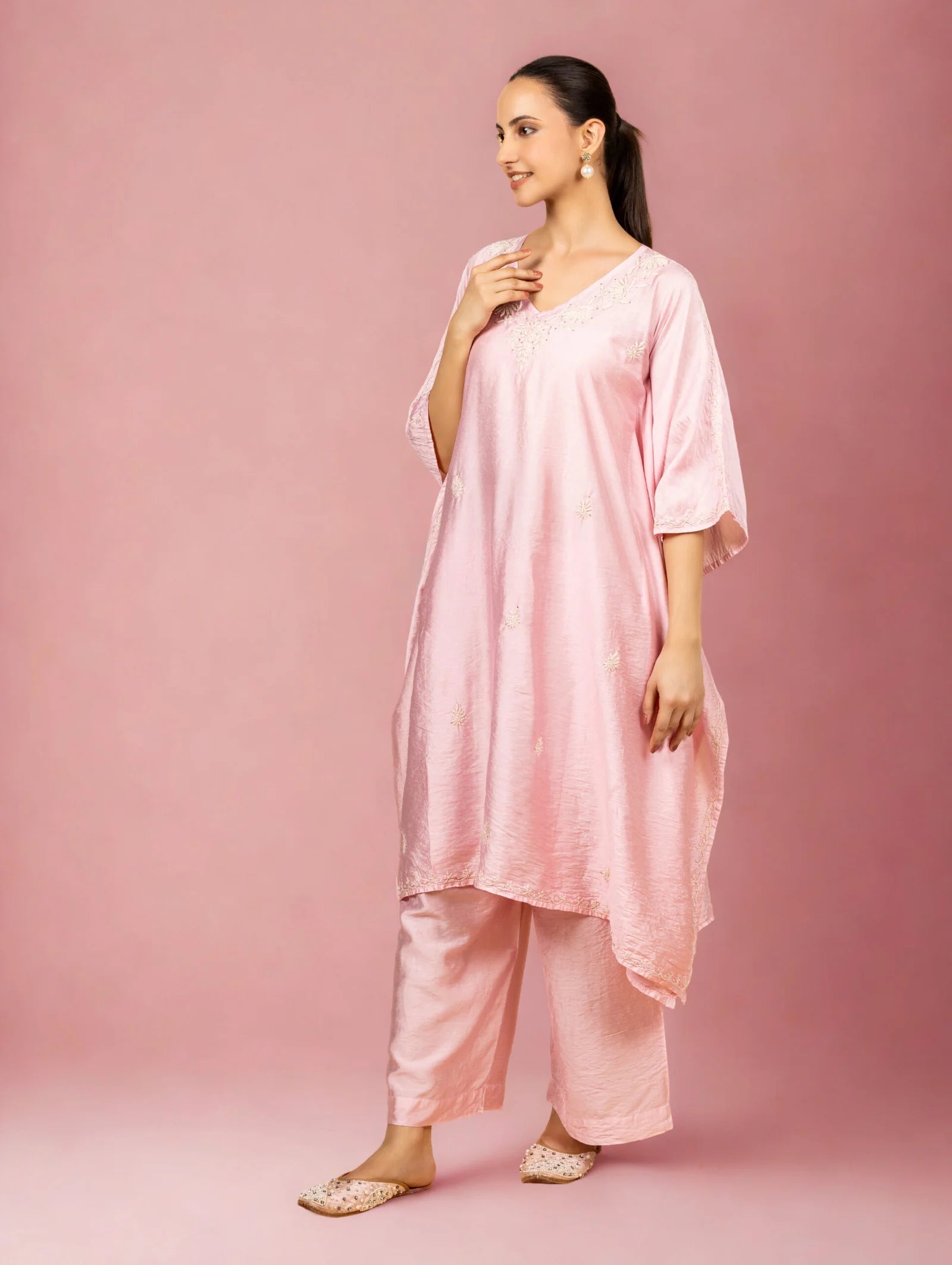 Premium Chanderi Silk Baby Pink Chikankari Kaftan Set