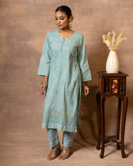 Dobby cotton Chikankari 2 piece suit set with fine hand embroidery-Pastel Green