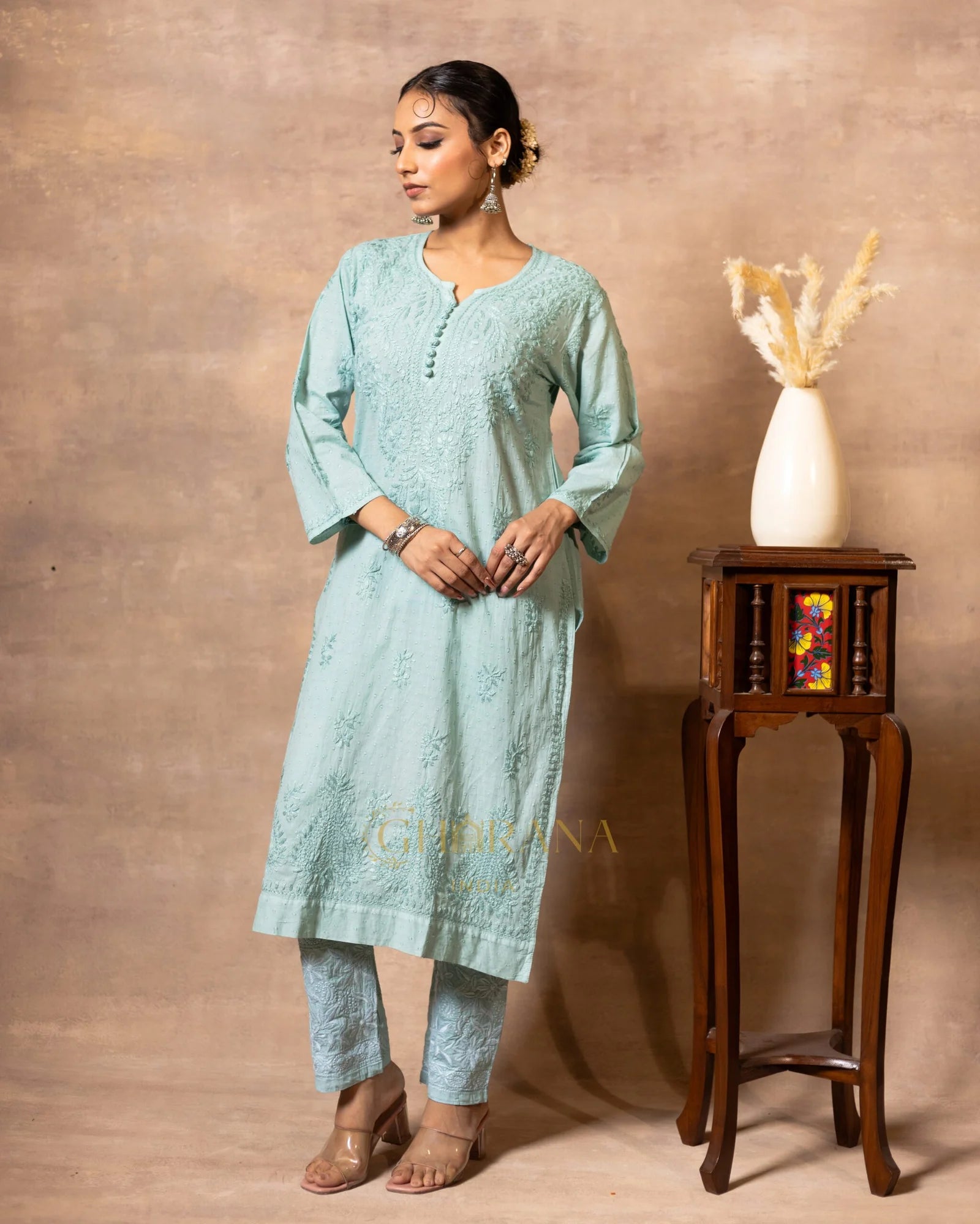 Dobby cotton Chikankari 2 piece suit set with fine hand embroidery-Pastel Green