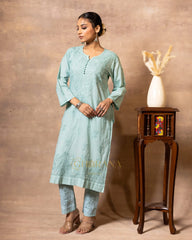 Dobby cotton Chikankari 2 piece suit set with fine hand embroidery-Pastel Green