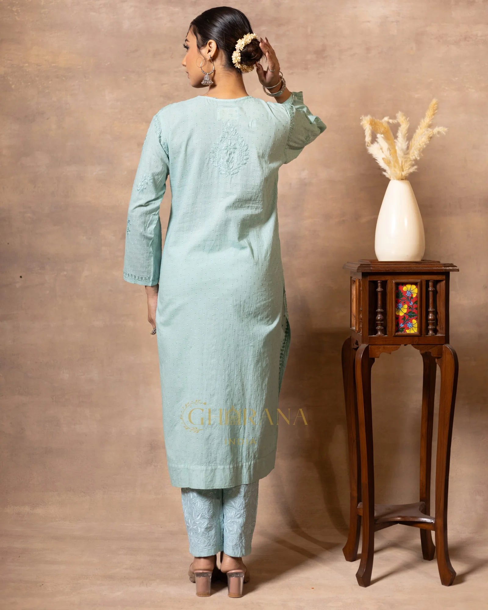 Dobby cotton Chikankari 2 piece suit set with fine hand embroidery-Pastel Green