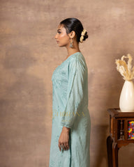 Dobby cotton Chikankari 2 piece suit set with fine hand embroidery-Pastel Green