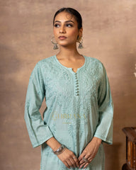 Dobby cotton Chikankari 2 piece suit set with fine hand embroidery-Pastel Green