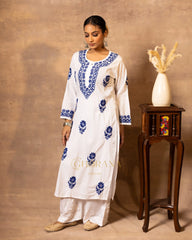 Ananya MulMul Straight kurta White with Dark Blue thread embroidery