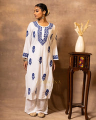 Ananya MulMul Straight kurta White with Dark Blue thread embroidery