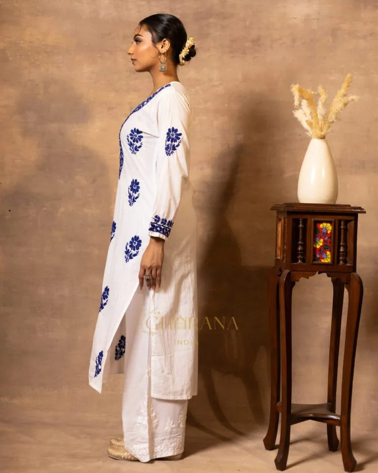 Ananya MulMul Straight kurta White with Dark Blue thread embroidery