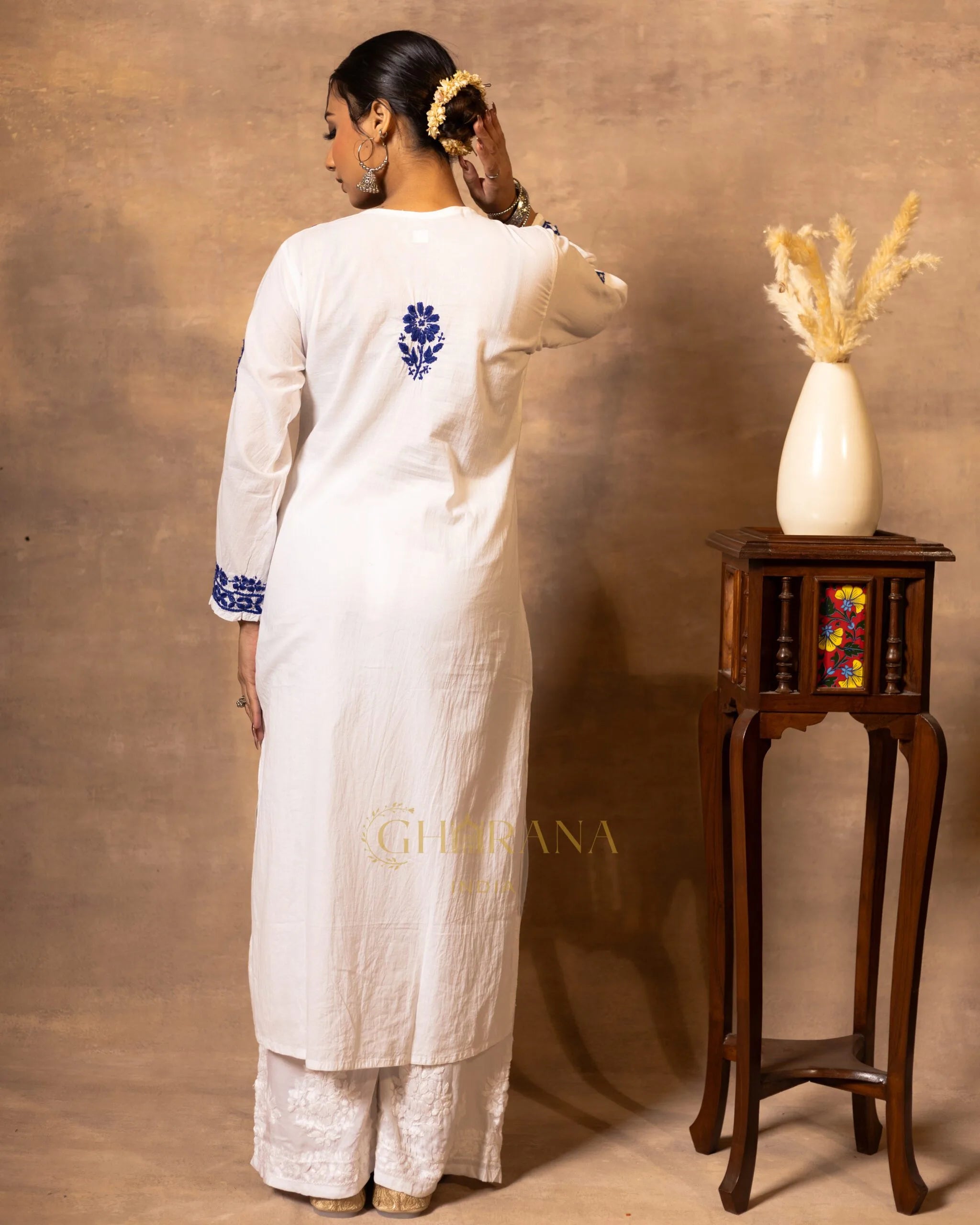 Ananya MulMul Straight kurta White with Dark Blue thread embroidery