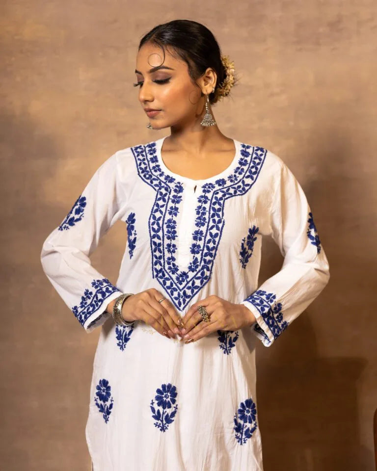 Ananya MulMul Straight kurta White with Dark Blue thread embroidery