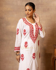 Ananya MulMul Straight kurta White with Red thread embroidery