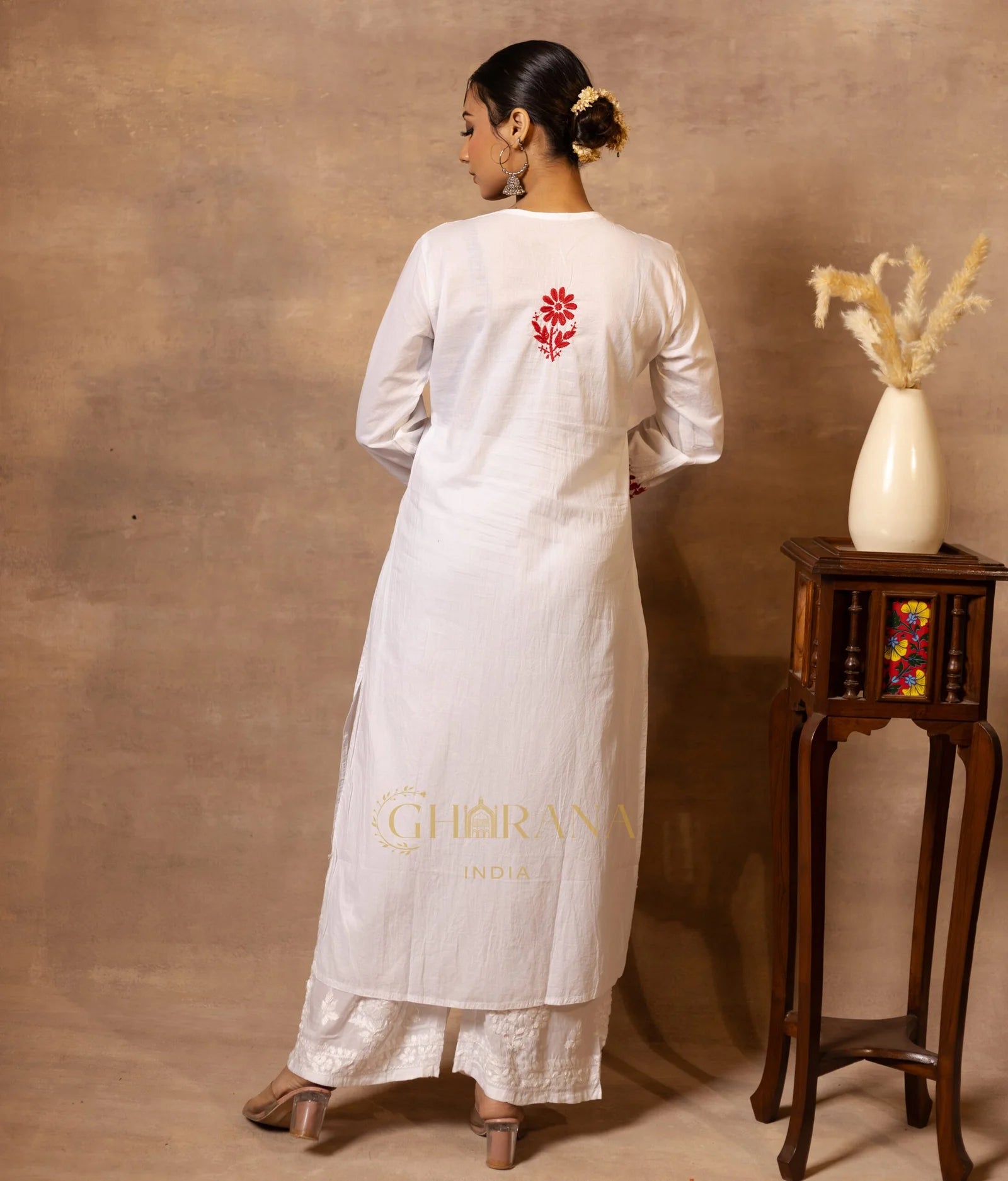 Ananya MulMul Straight kurta White with Red thread embroidery