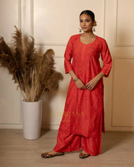 Ruhi Chanderi Chikankari Red Kurta Set with Embroidered Palazzo