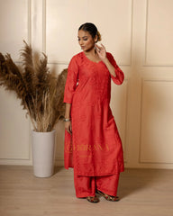 Ruhi Chanderi Chikankari Red Kurta Set with Embroidered Palazzo