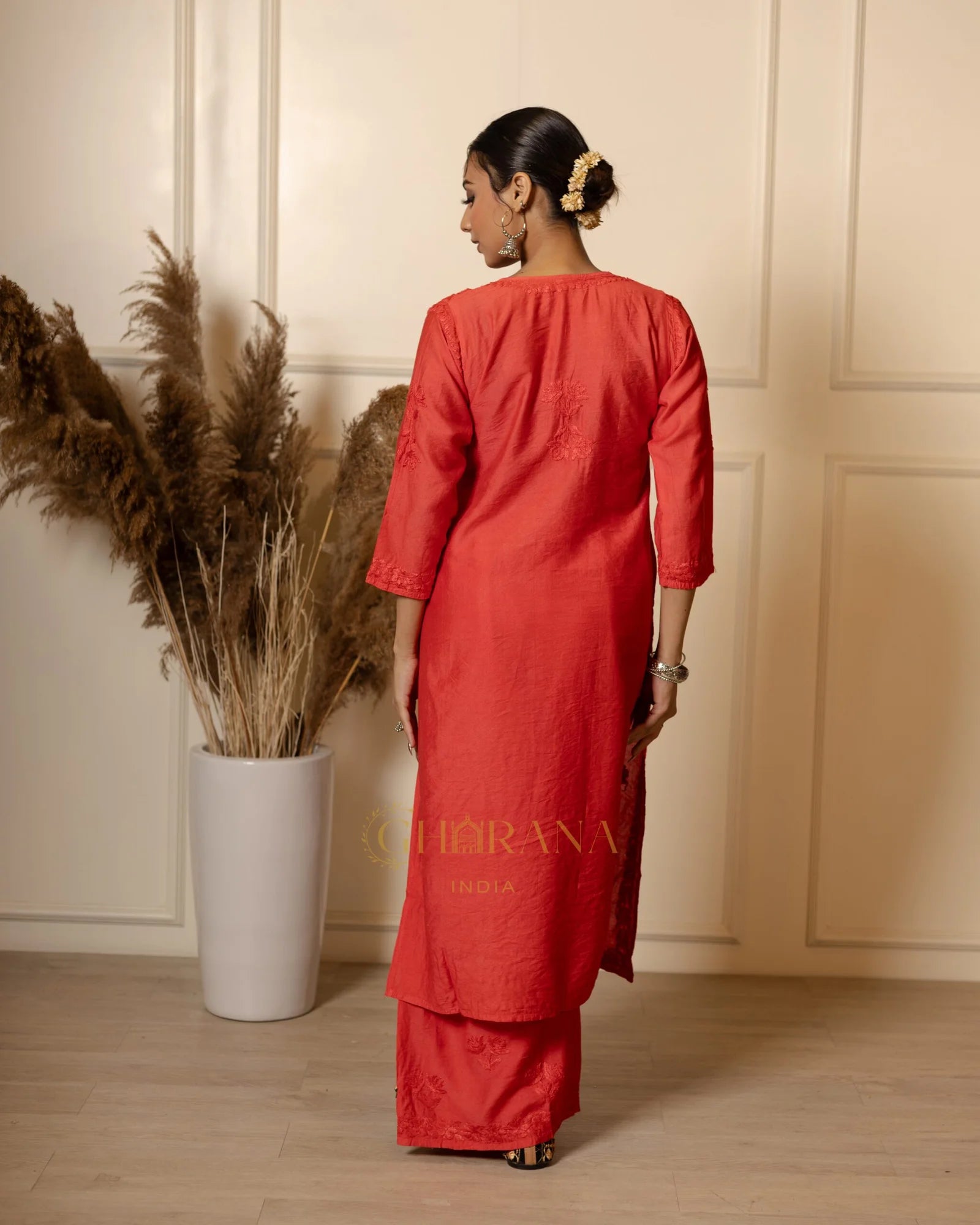 Ruhi Chanderi Chikankari Red Kurta Set with Embroidered Palazzo