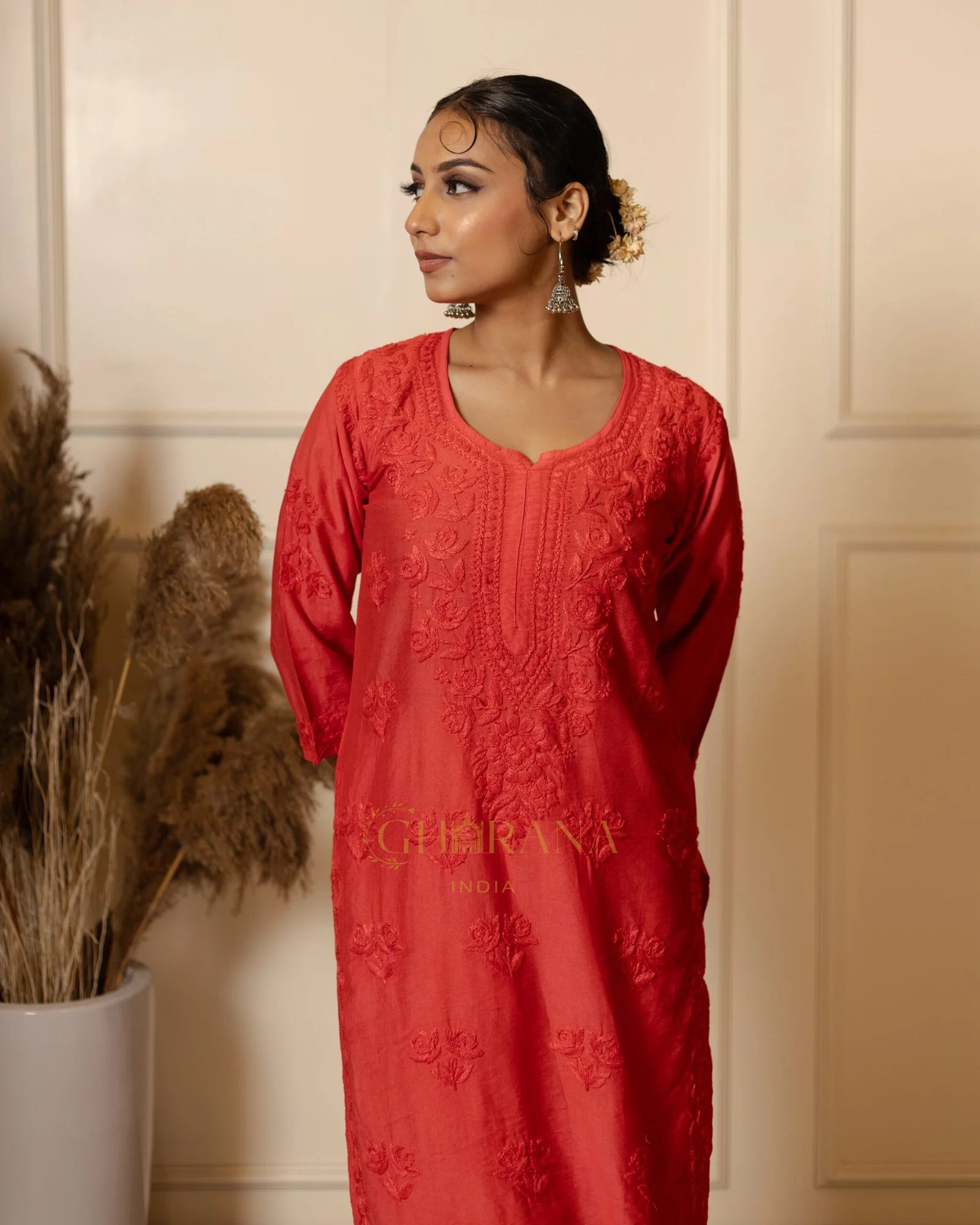 Ruhi Chanderi Chikankari Red Kurta Set with Embroidered Palazzo