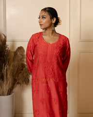 Ruhi Chanderi Chikankari Red Kurta Set with Embroidered Palazzo