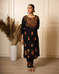 Heer Cotton 3 PC Black Chikankari Kurta set with embroidered Pant and Dupatta