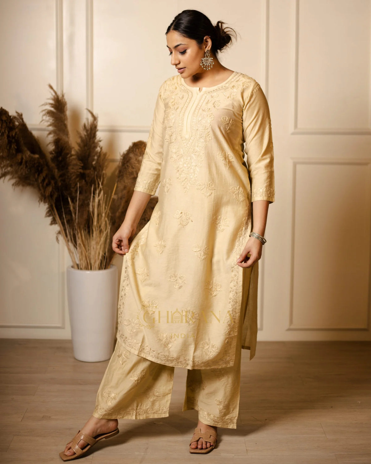 Ruhi Chanderi Chikankari Beige Kurta Set with Embroidered Palazzo