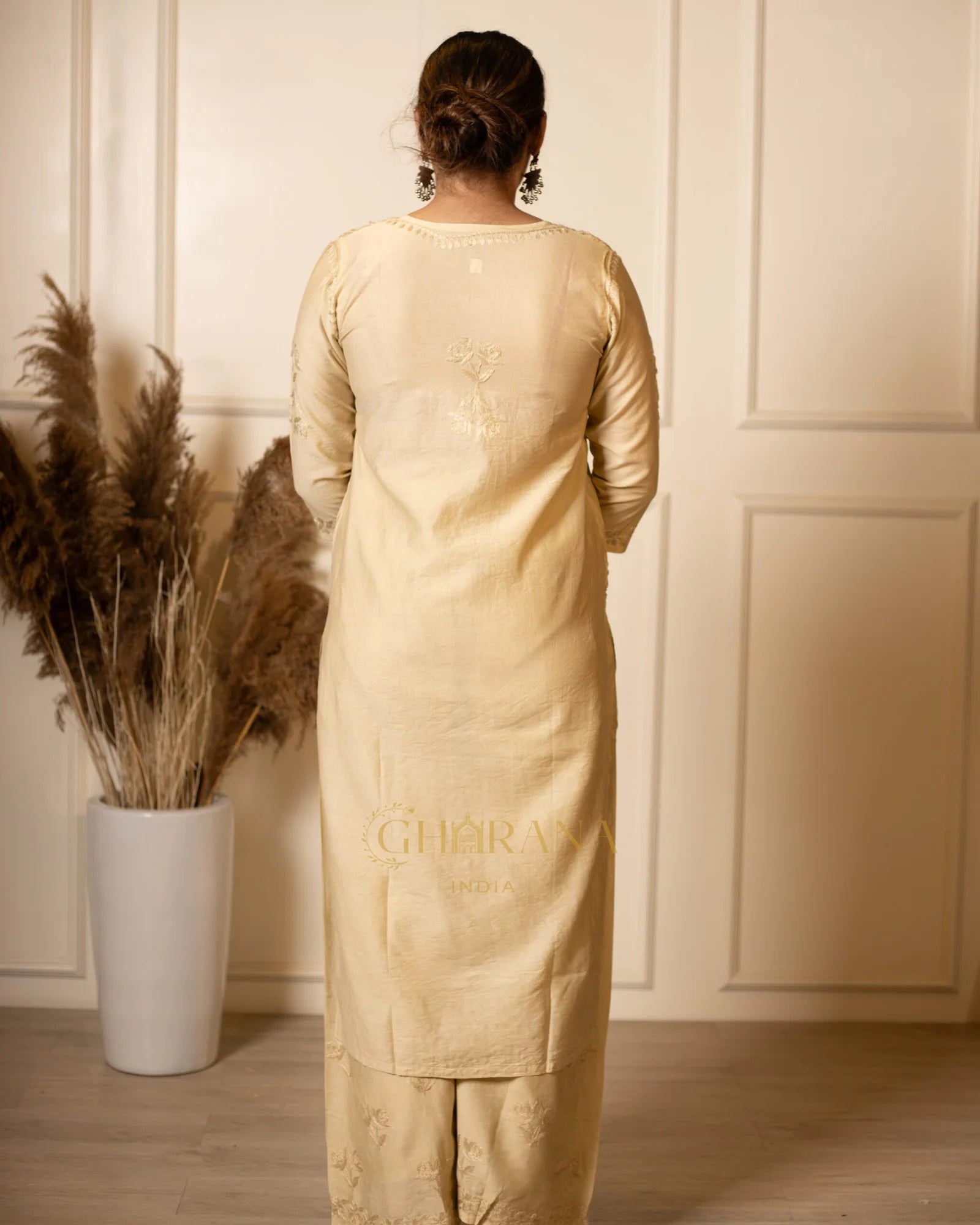 Ruhi Chanderi Chikankari Beige Kurta Set with Embroidered Palazzo