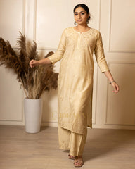 Ruhi Chanderi Chikankari Beige Kurta Set with Embroidered Palazzo