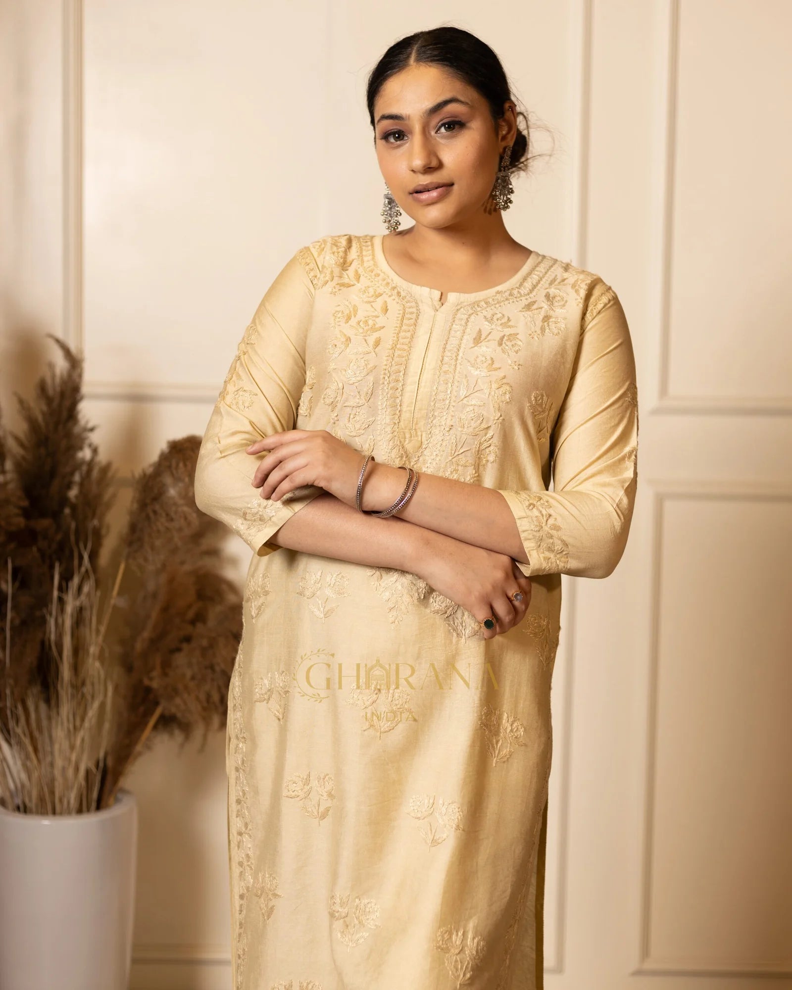 Ruhi Chanderi Chikankari Beige Kurta Set with Embroidered Palazzo