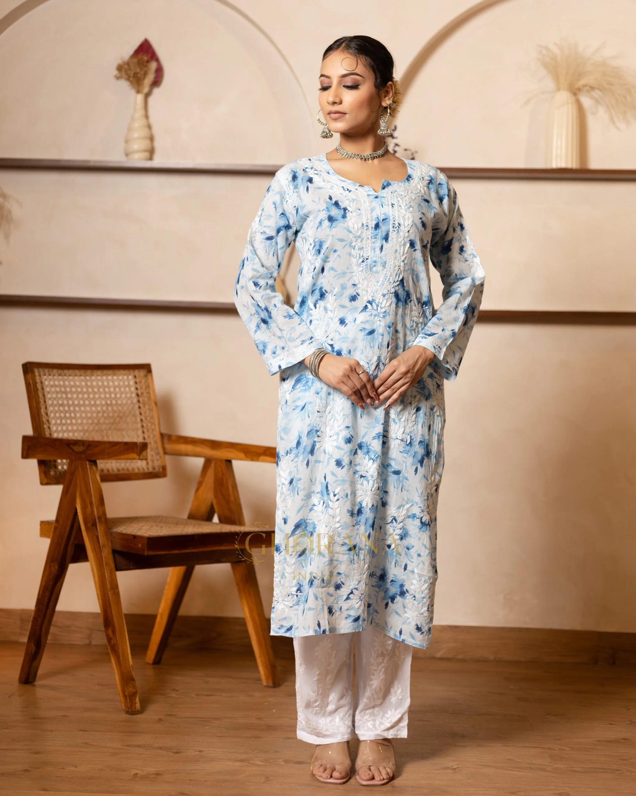 Eesha Chikankari Premium Mulmul Floral Printed Kurta