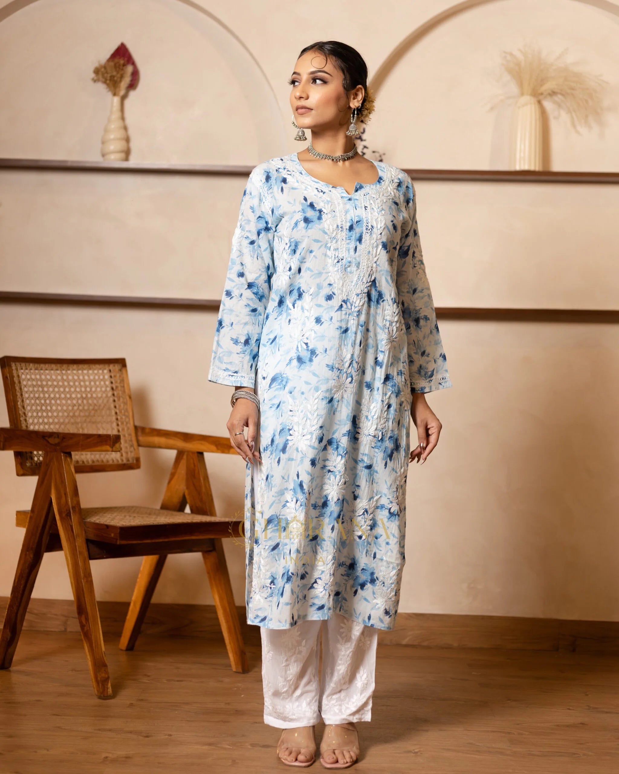 Eesha Chikankari Premium Mulmul Floral Printed Kurta