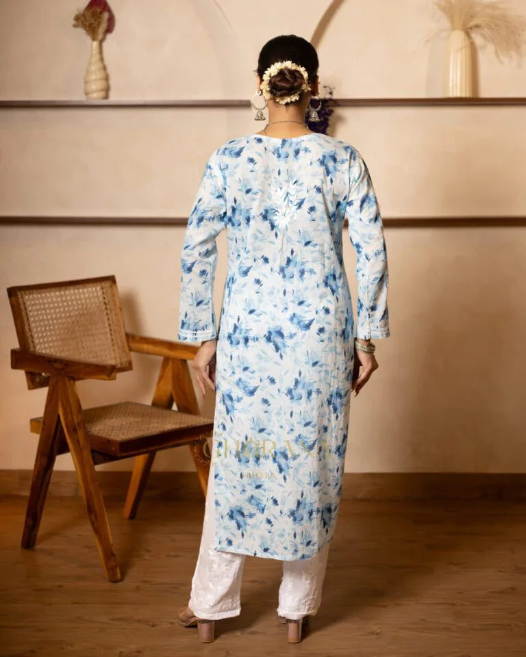 Eesha Chikankari Premium Mulmul Floral Printed Kurta