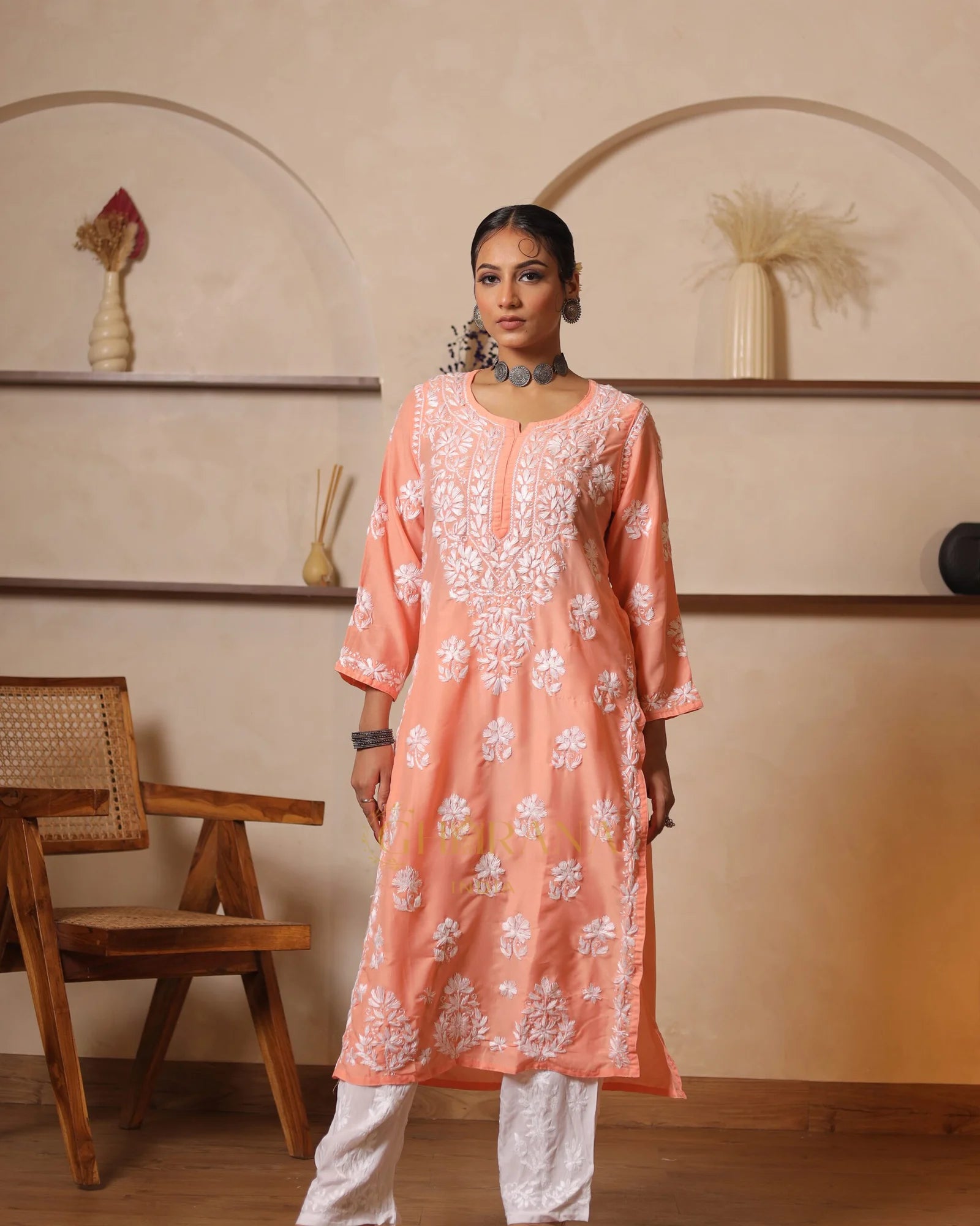 Usha Chikankari Muslin kurti Daman boota-Orange