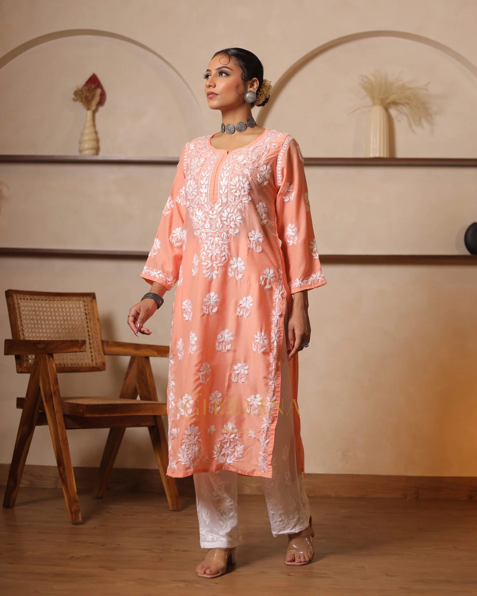 Usha Chikankari Muslin kurti Daman boota-Orange
