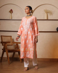 Usha Chikankari Muslin kurti Daman boota-Orange