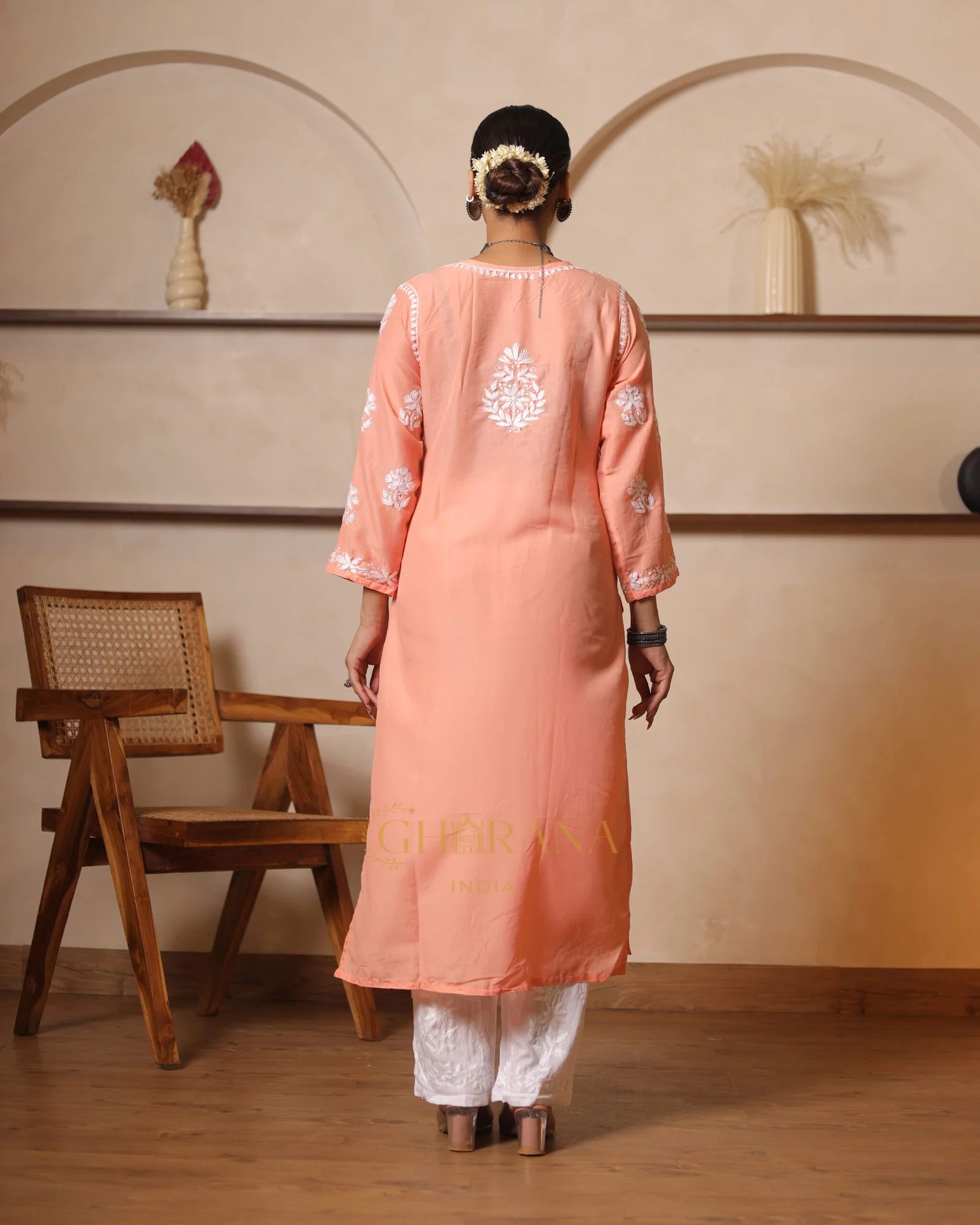 Usha Chikankari Muslin kurti Daman boota-Orange