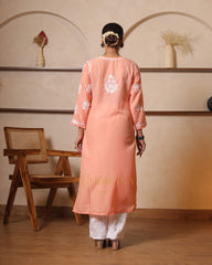 Usha Chikankari Muslin kurti Daman boota-Orange