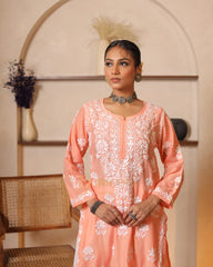 Usha Chikankari Muslin kurti Daman boota-Orange