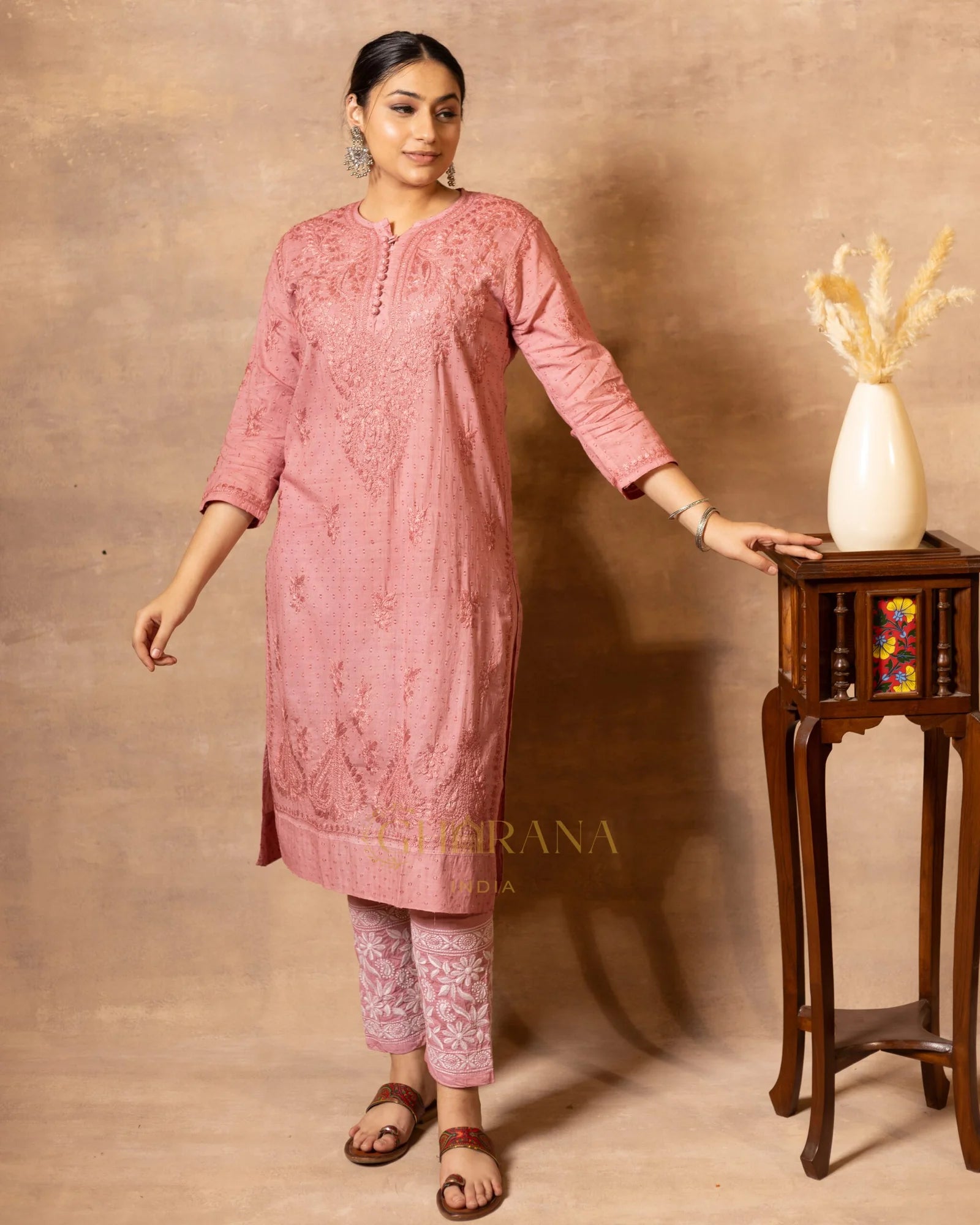 Dobby cotton Chikankari 2 piece suit set with fine hand embroidery- Blush Pink