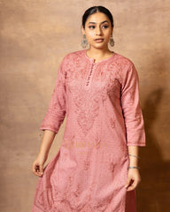 Dobby cotton Chikankari 2 piece suit set with fine hand embroidery- Blush Pink