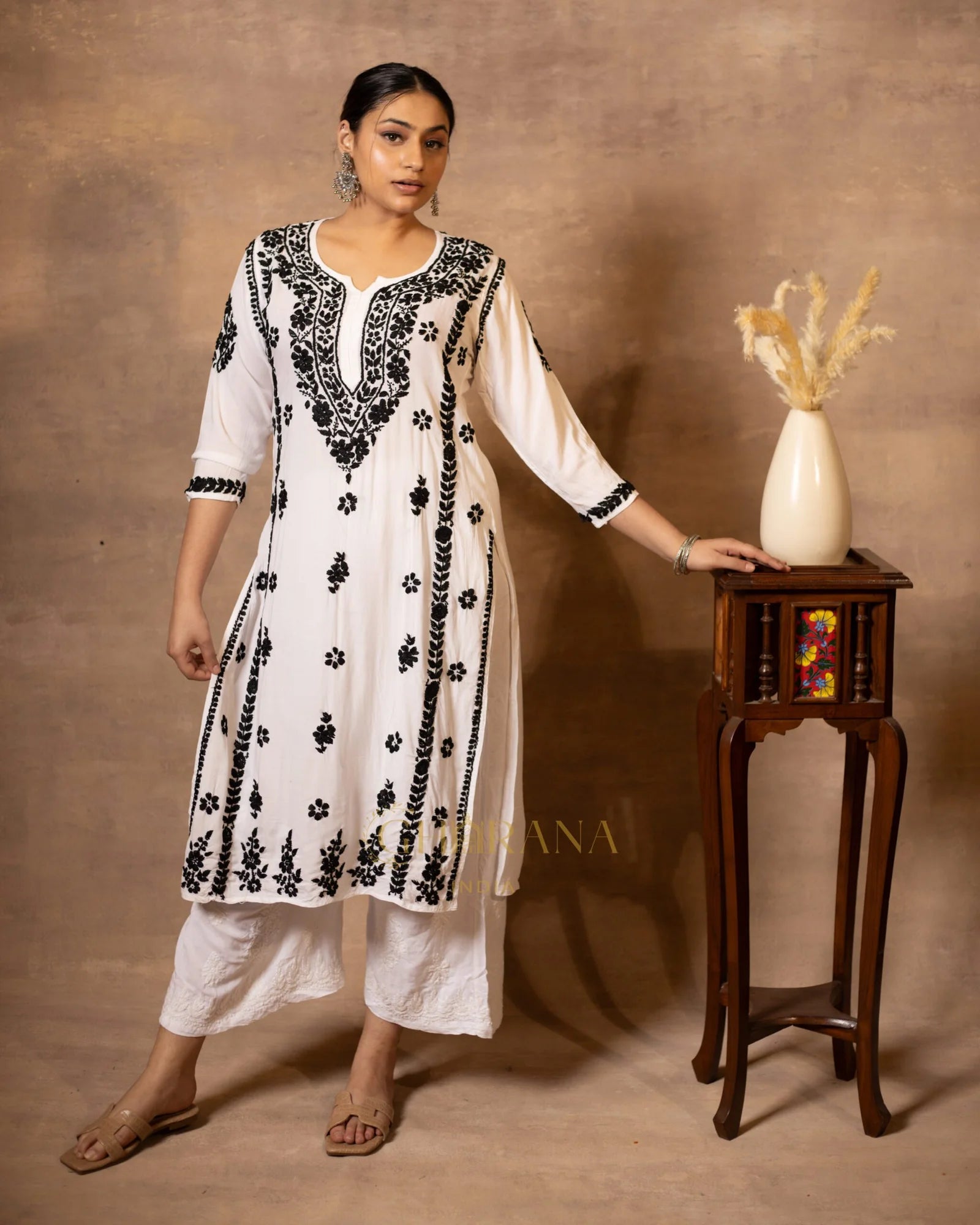 Myra Modal fine cotton chikan kari Kurta – White with Black threads
