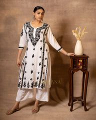 Myra Modal fine cotton chikan kari Kurta – White with Black threads