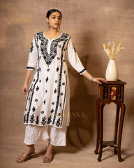 Myra Modal fine cotton chikan kari Kurta – White with Black threads