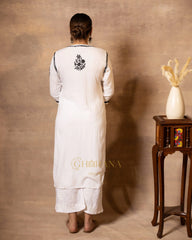 Myra Modal fine cotton chikan kari Kurta – White with Black threads