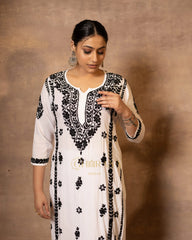 Myra Modal fine cotton chikan kari Kurta – White with Black threads