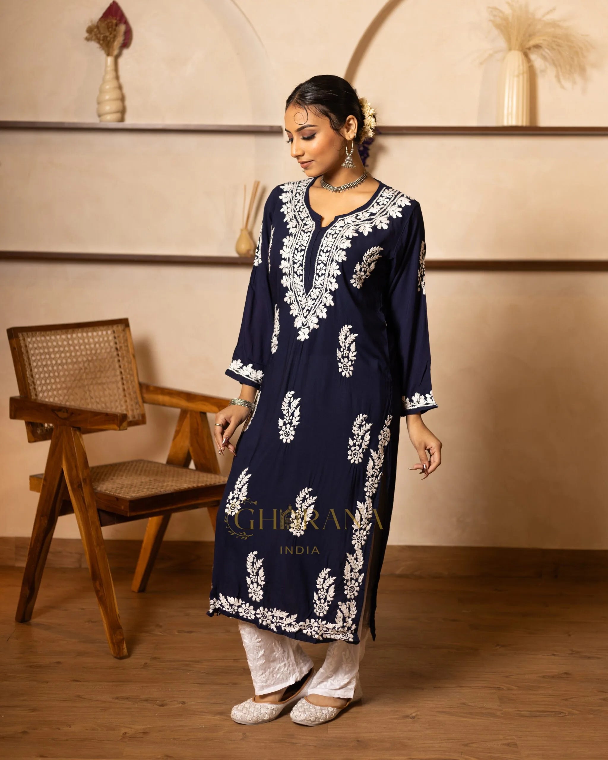 Myra Modal fine cotton chikan kari Kurta- Dark Blue
