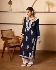 Myra Modal fine cotton chikan kari Kurta- Dark Blue